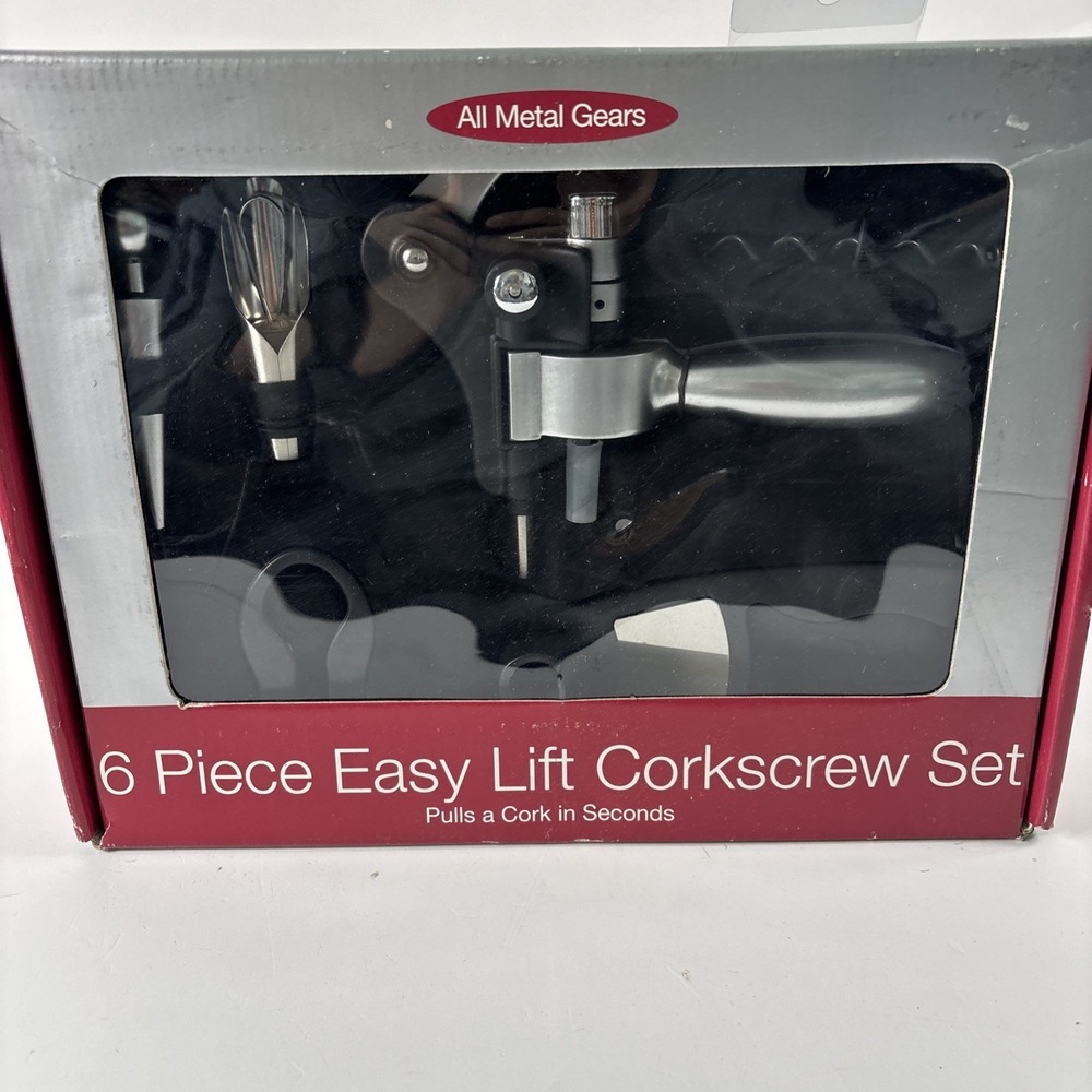 NIB! 6 Piece Easy Lift Corkscrew Set Pulls Corks in Seconds All Metal Gears - Picture 2 of 6
